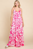 Tropical Print Satin Feel Maxi Dress | Fuchsia