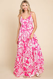 Tropical Print Satin Feel Maxi Dress | Fuchsia