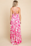 Tropical Print Satin Feel Maxi Dress | Fuchsia