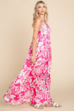 Tropical Print Satin Feel Maxi Dress | Fuchsia