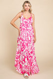 Tropical Print Satin Feel Maxi Dress | Fuchsia