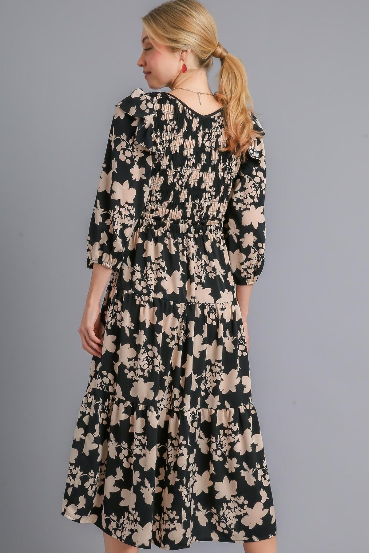 Floral Smocked Midi Dress | Black