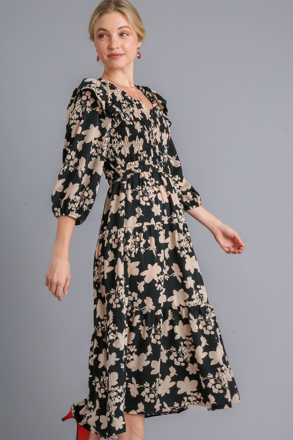 Floral Smocked Midi Dress | Black