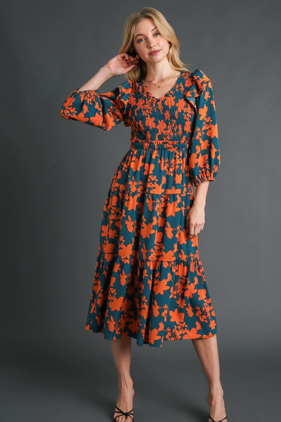 Floral Smocked Midi Dress | Teal Mix