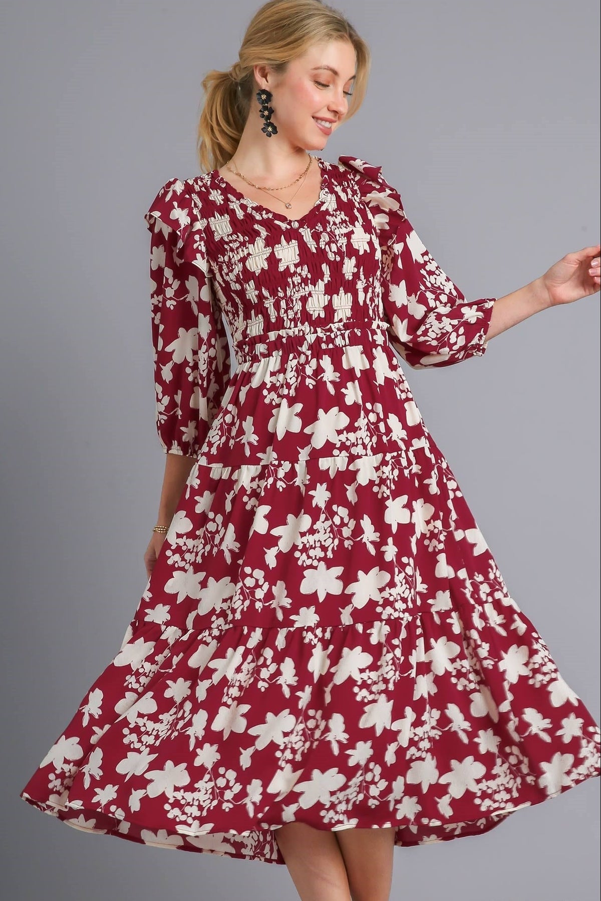 Floral Smocked Midi Dress | Wine Mix