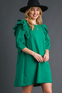 French Terry Ruffle Shoulder Dress | Green