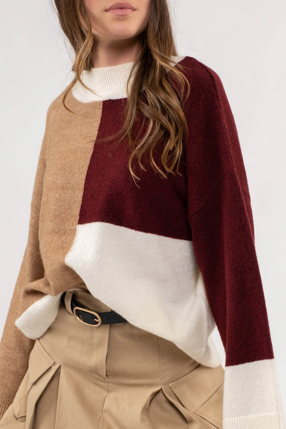 Mock Neck Colorblock Sweater | Burgundy Multi