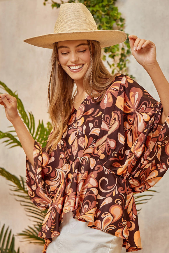 Retro Abstract Floral Poncho Top | Rust+Chocolate