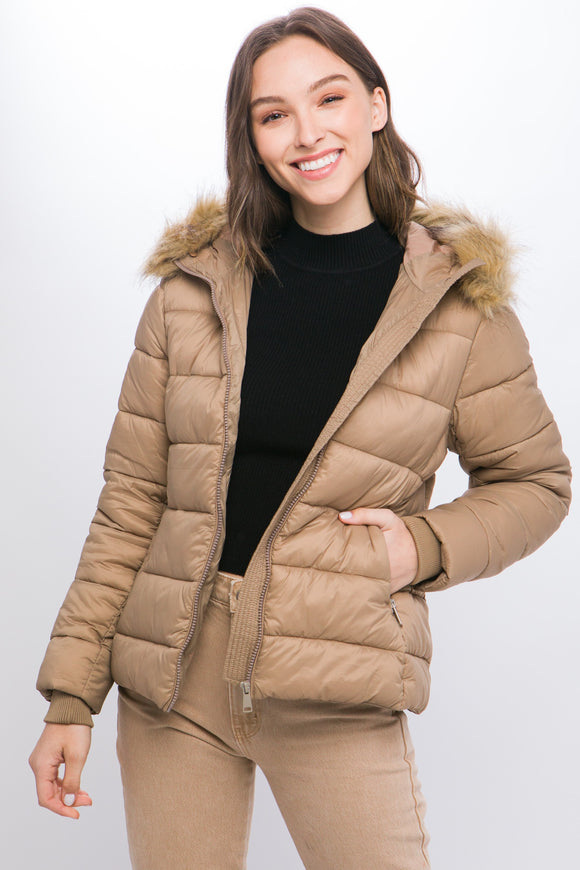 Faux Fur Puffer Jacket | Taupe