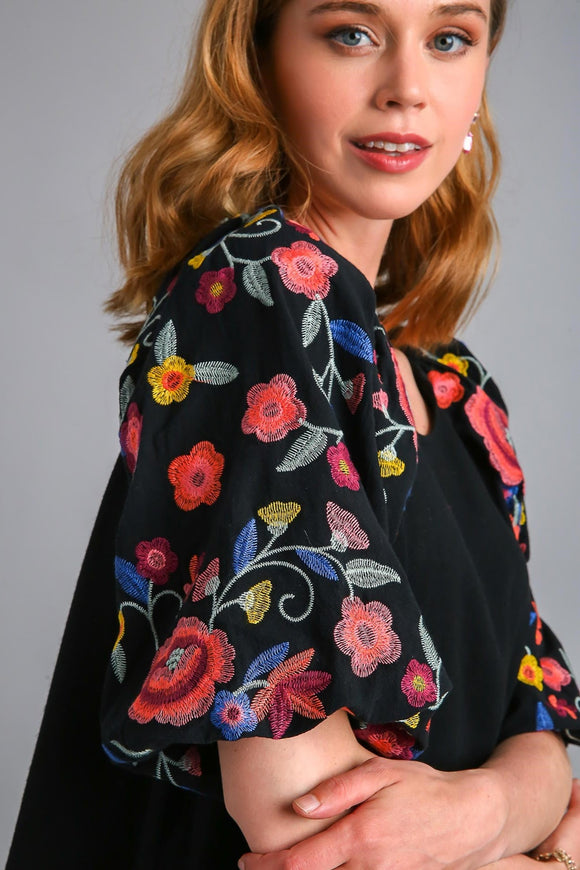 Embroidered Floral Sleeve Linen Top | Black