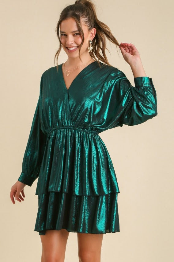 Ruffle Layered Metallic Dress | Green