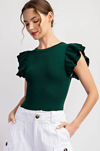 Ruffle Sleeve Ribbed Bodysuit | Hunter Green