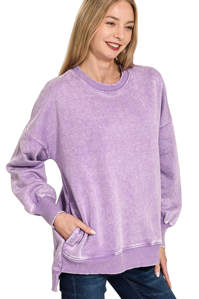 Acid Wash Hi/Low Pocket Sweater | Lavender