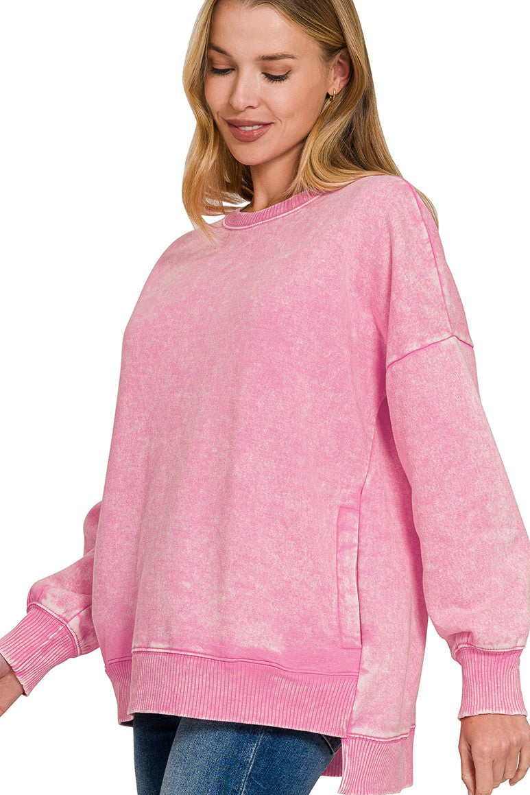Acid Wash Hi/Low Pocket Sweater | Pink