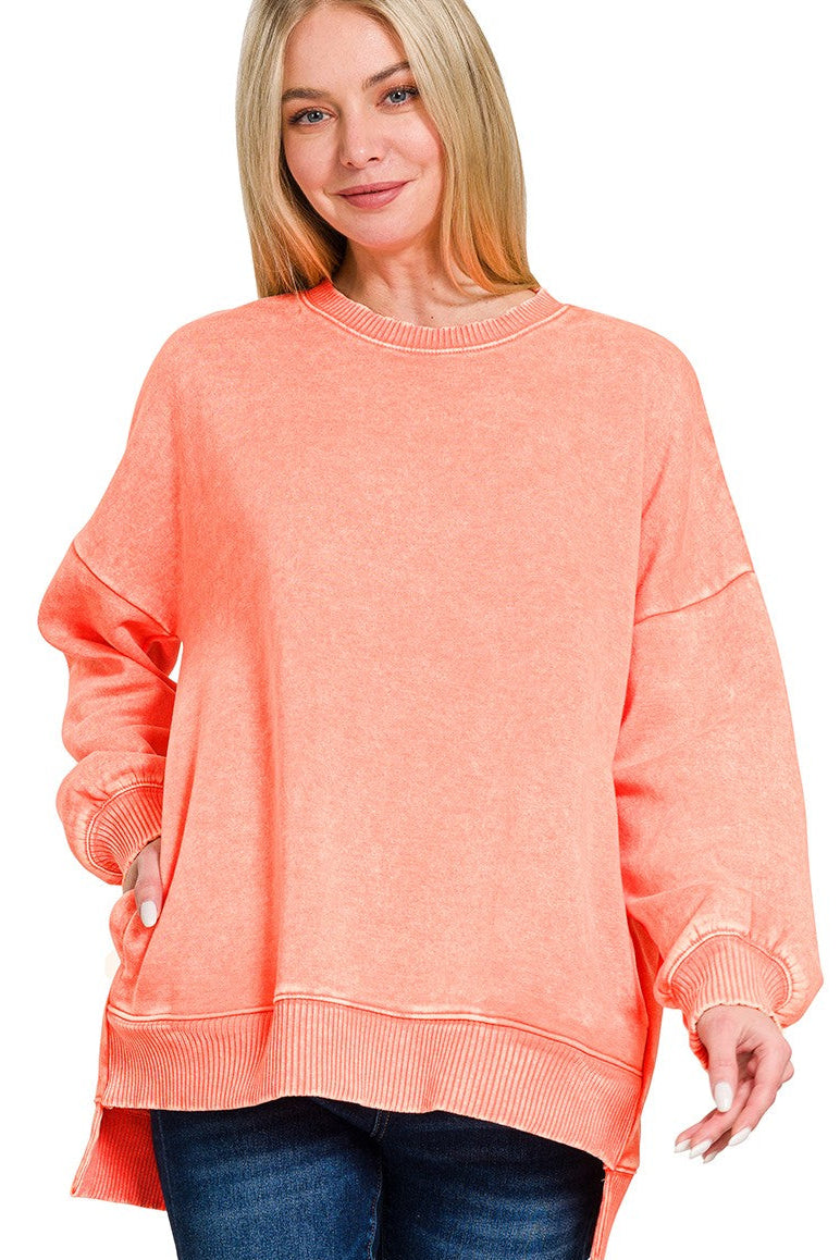 Acid Wash Hi/Low Pocket Sweater | Coral