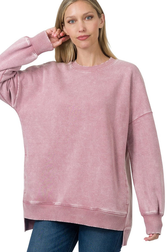Acid Wash Hi/Low Pocket Sweater | Dusty Rose