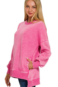 Acid Wash Hi/Low Pocket Sweater | Hot Pink