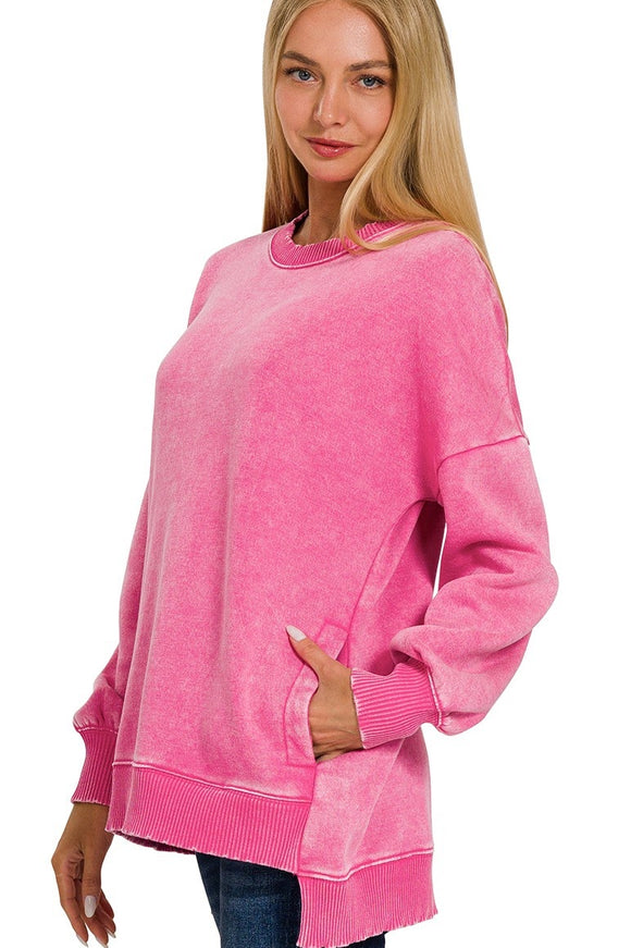 Acid Wash Hi/Low Pocket Sweater | Hot Pink