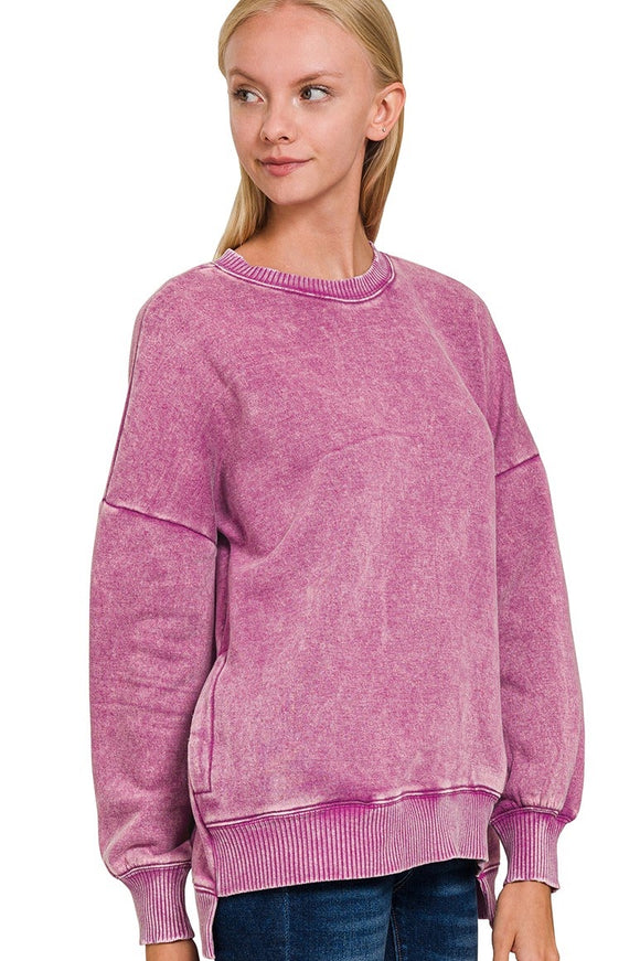 Acid Wash Hi/Low Pocket Sweater | Light Plum