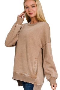 Acid Wash Hi/Low Pocket Sweater | Deep Camel