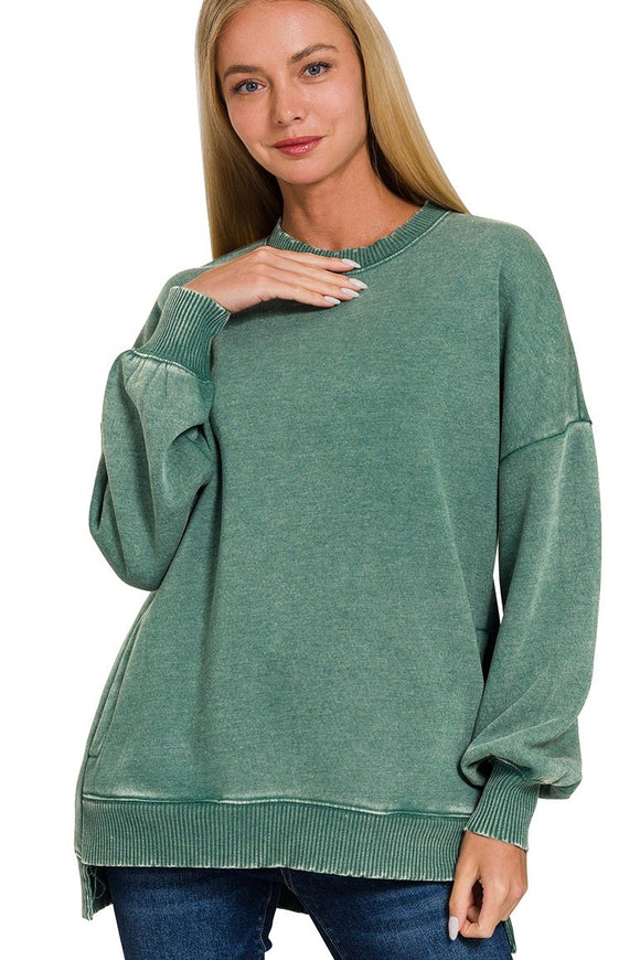 Acid Wash Hi/Low Pocket Sweater | Dark Green
