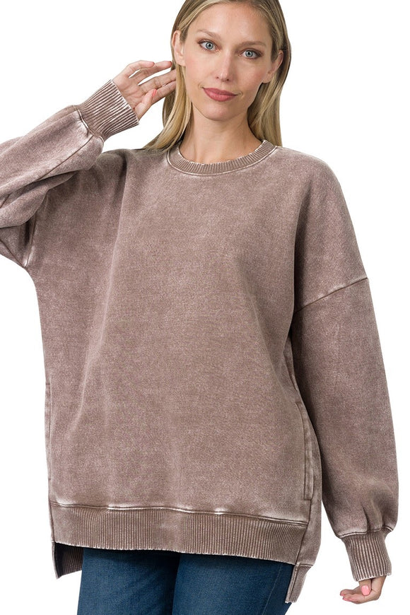 Acid Wash Hi/Low Pocket Sweater | Mocha