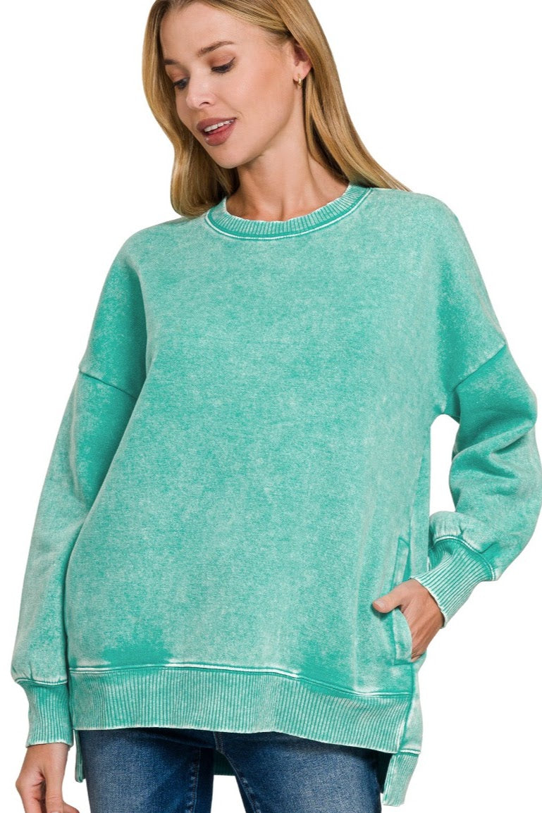 Acid Wash Hi/Low Pocket Sweater | Turquoise