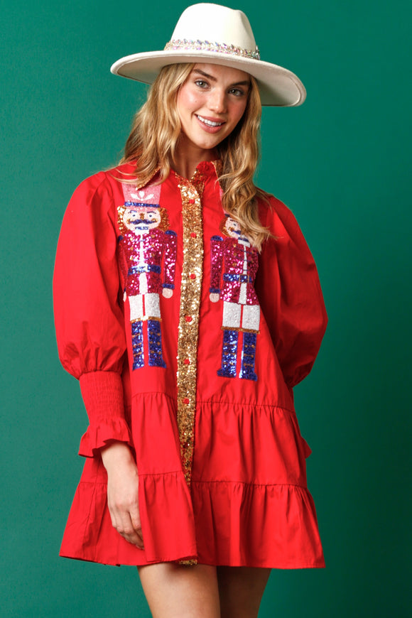 Sequin Nutcracker Poplin Dress | Red