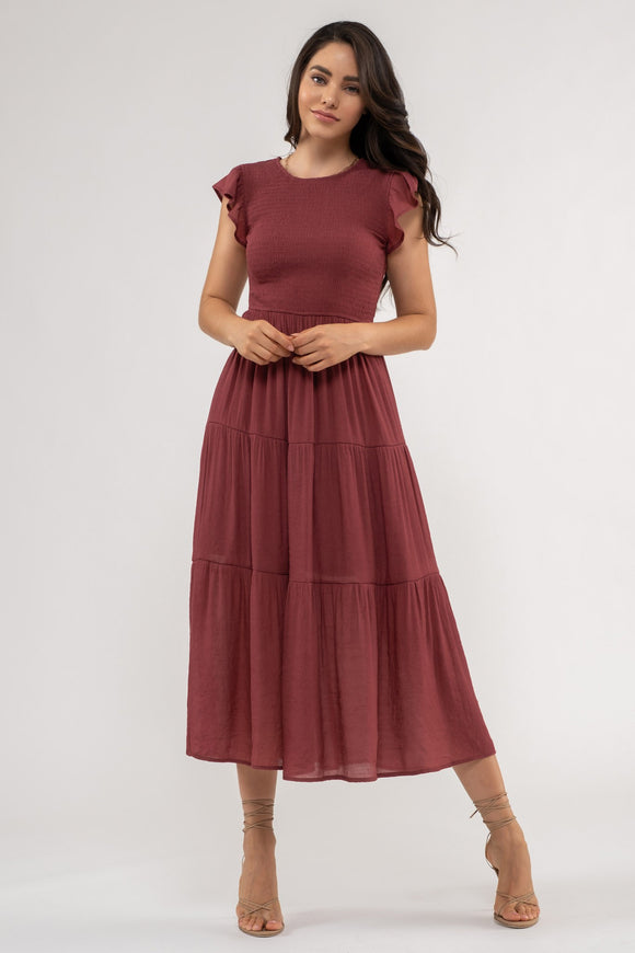 Smocked Tiered Midi Dress | Rosewood