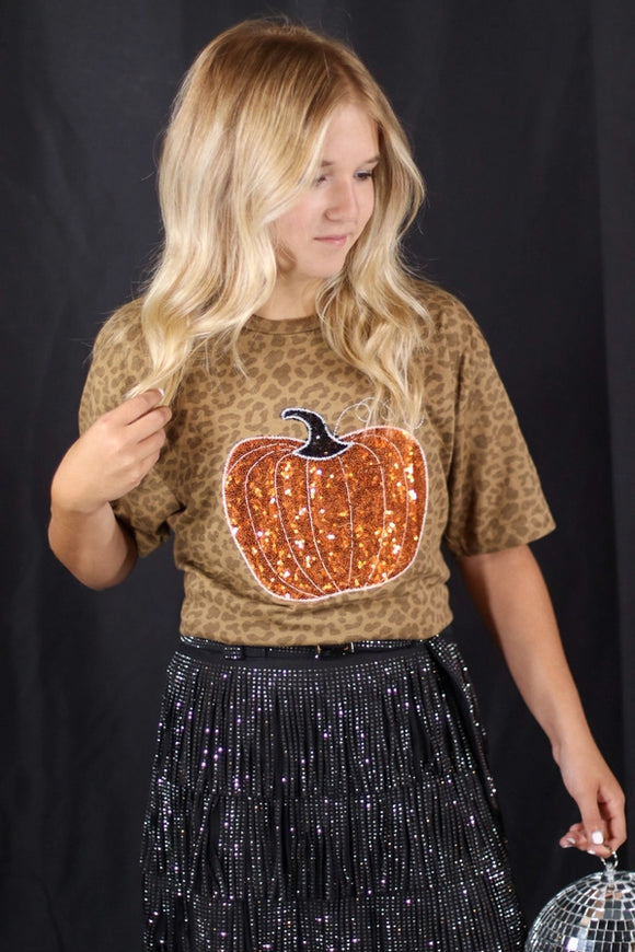 Sequin Pumpkin Leopard Tee | Brown