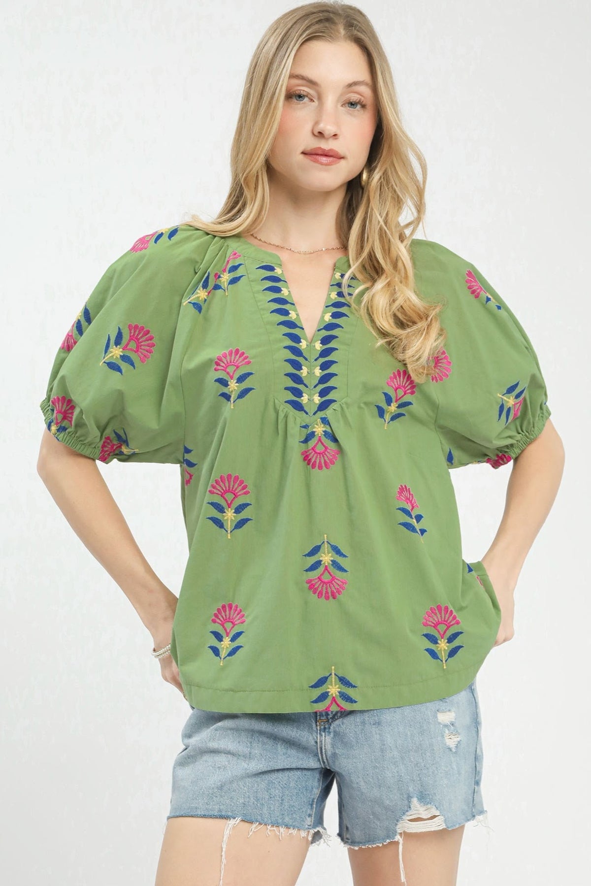 Tow Tone Border Print Top | Sage Green