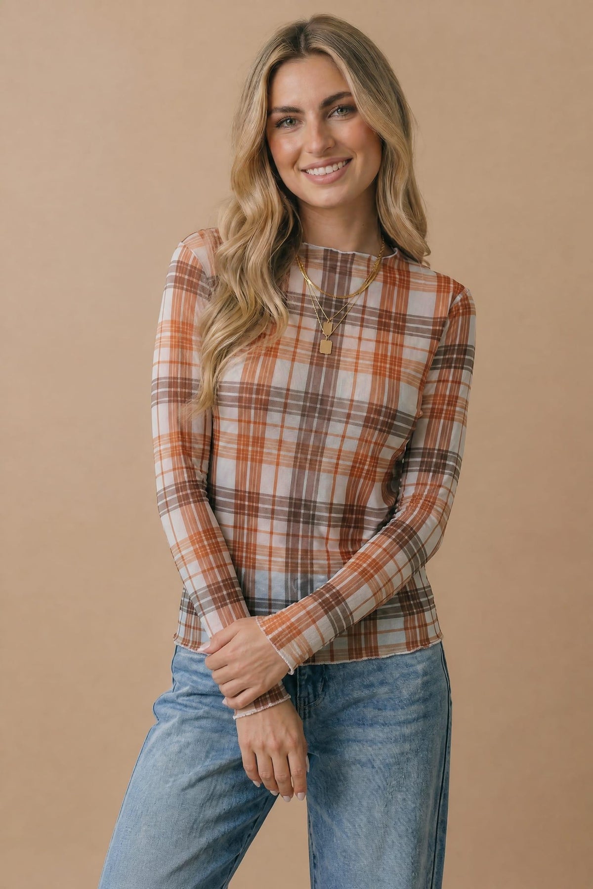 Plaid Mesh Sheer Top | Oatmeal/Rust