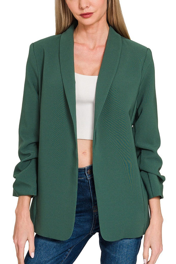 Woven 3/4 Ruched Sleeve Open Front Classic Blazer | Hunter Green