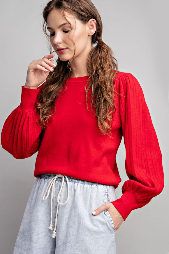 Pleated Puff Sleeve Top | Red