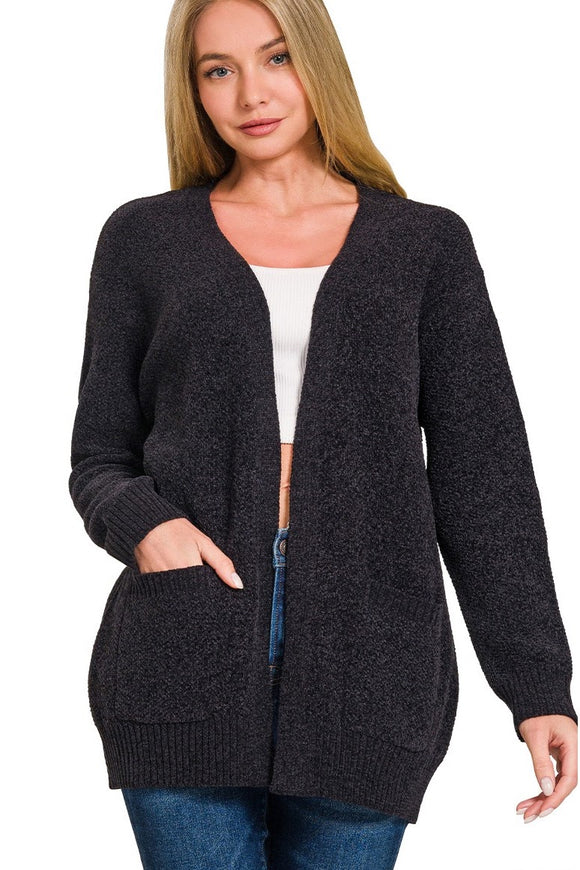 Melange Open Front Cardigan | Black