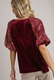 Velvet Sequin Puff Sleeve Top | Wine