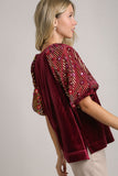 Velvet Sequin Puff Sleeve Top | Wine