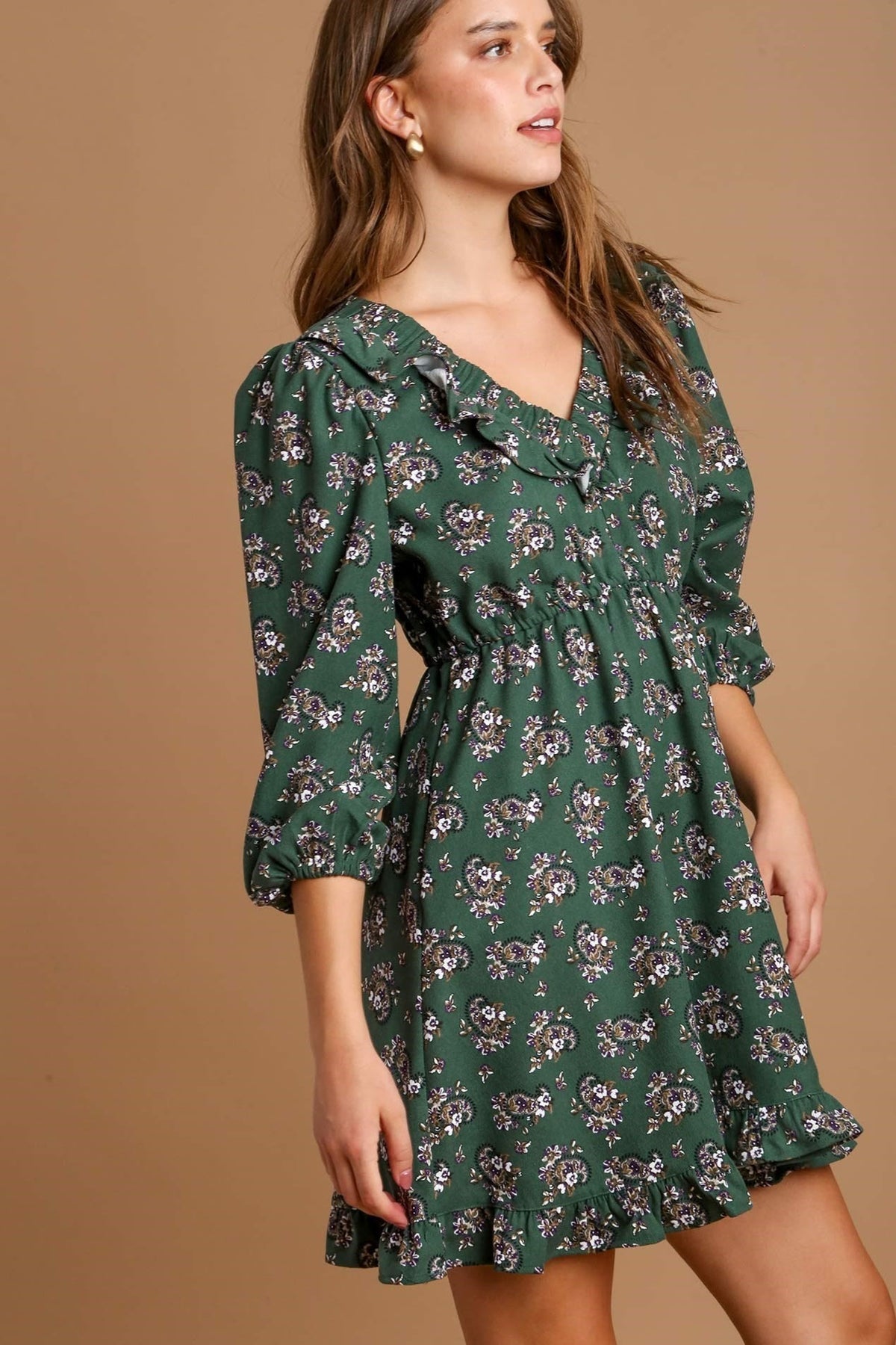 Corduroy Floral Dress | Green Mix