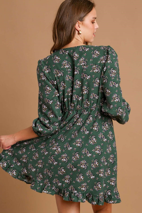 Corduroy Floral Dress | Green Mix