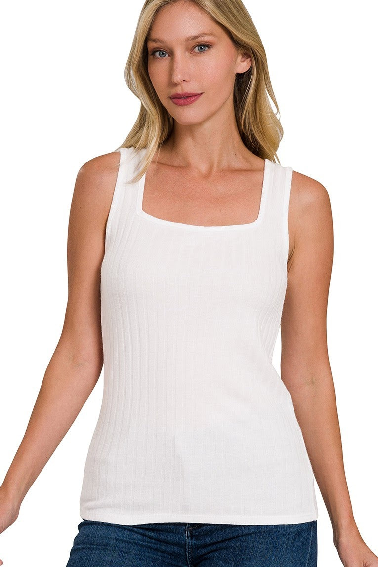 Ribbed Square Neck Fitted Top | Off White