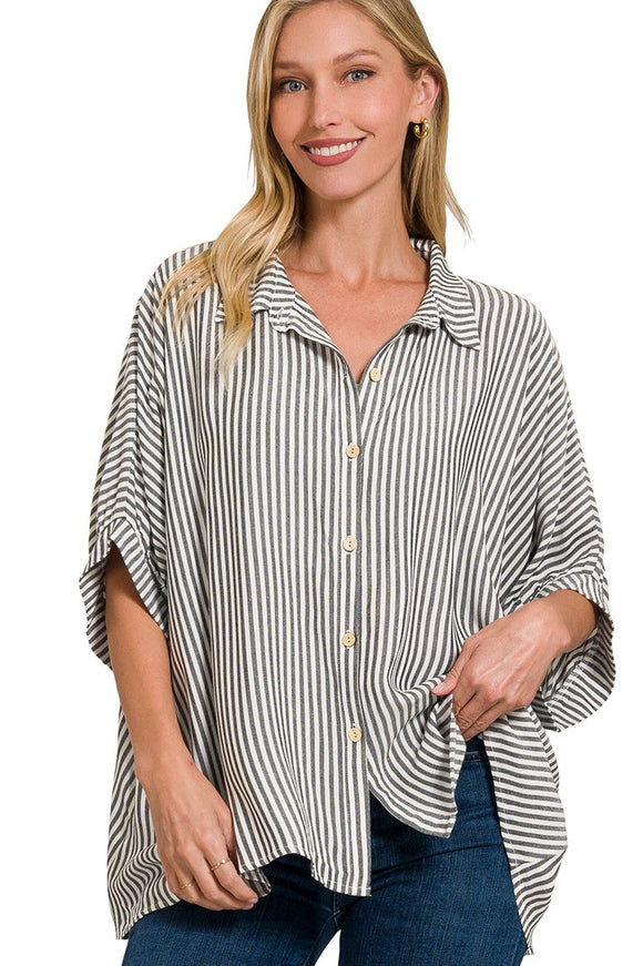 Oversized Striped Button Top | Black
