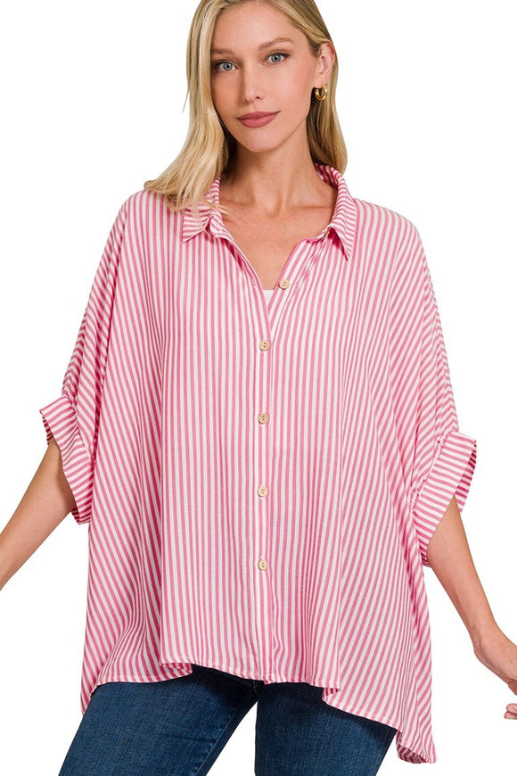 Oversized Striped Button Top | Hot Pink