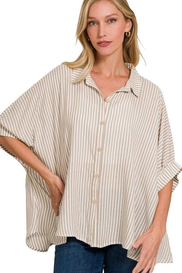 Oversized Striped Button Top | Taupe