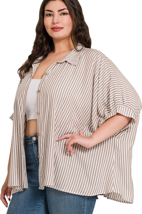 Striped Button Down Oversized Top | Mocha