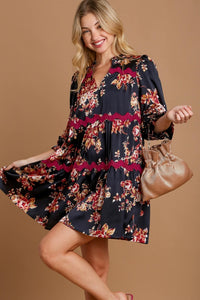 Wavy Trim Floral Dress | Midnight