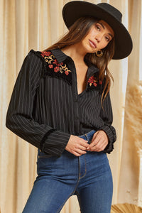 Savanna Jane Embroidered Stripe Top | Black