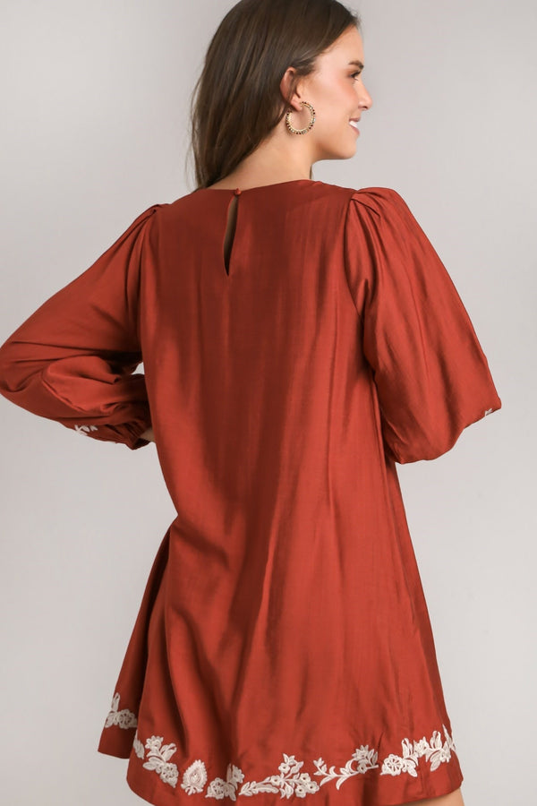 Embroidered Balloon Sleeve Dress | Brick