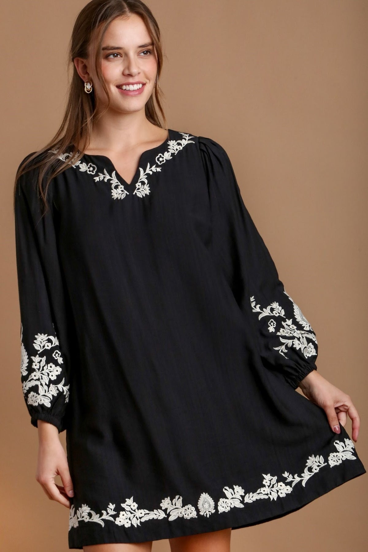 Embroidered Balloon Sleeve Dress | Black