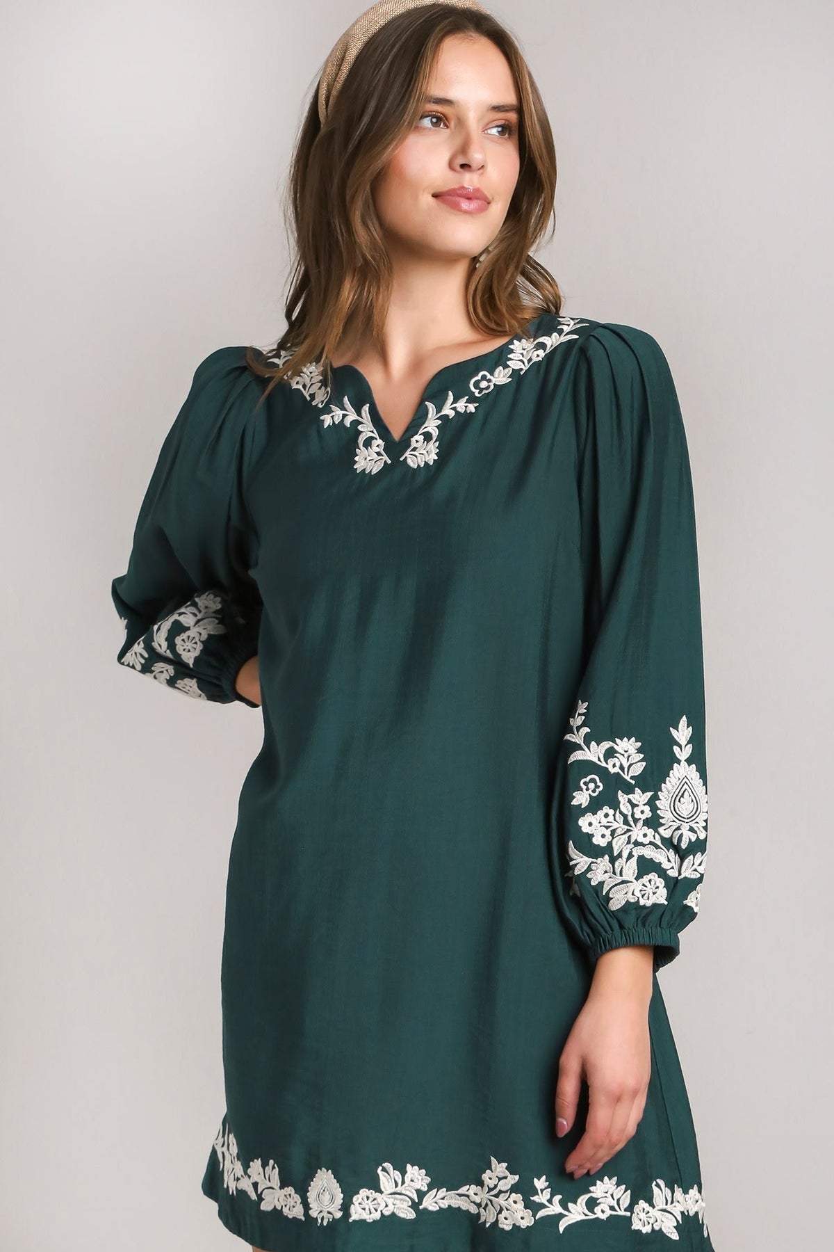 Embroidered Balloon Sleeve Dress | Seaweed