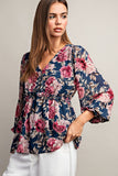 Peplum 3/4 Sleeve Floral Top | Navy